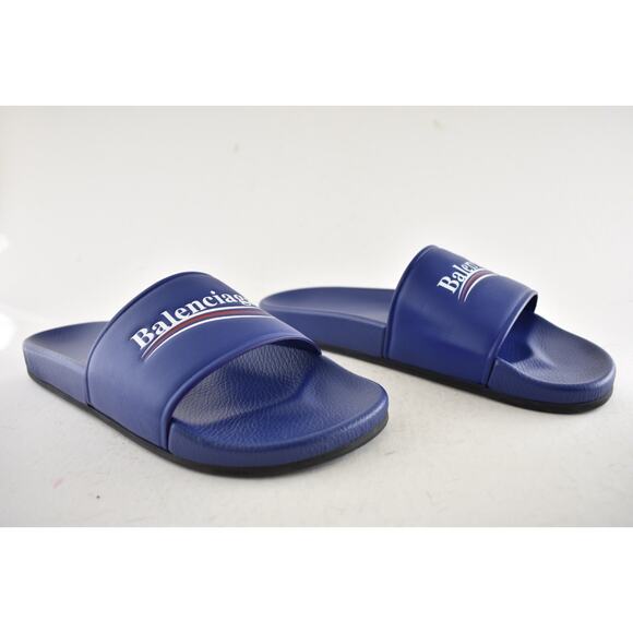 Balenciaga Blue Leather Campaign Logo Slide Pool Sandal Flip Flop Flat 44 11